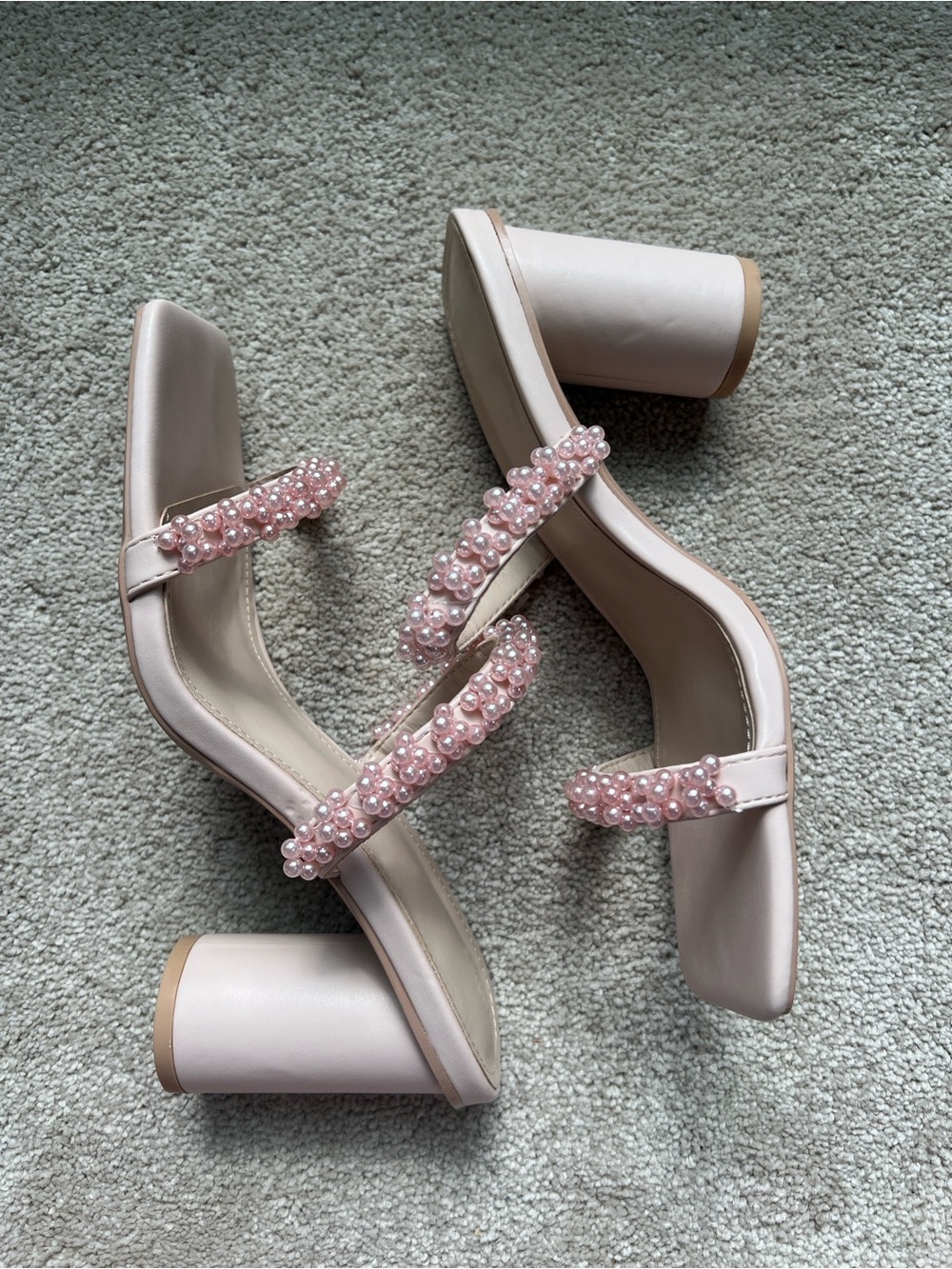 Pearl-Strap Pink Block Heel Sandals - Women's